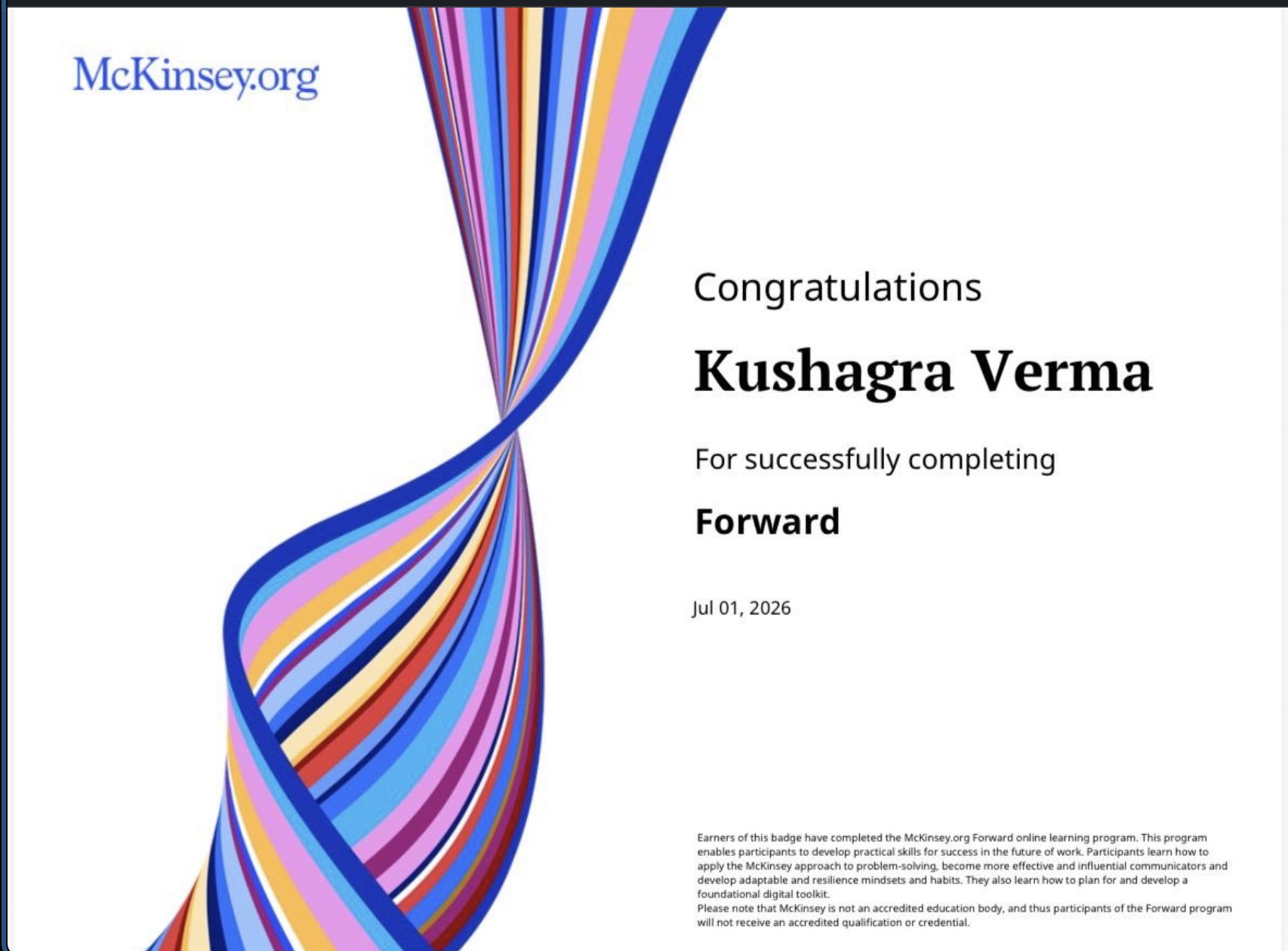 McKinsey.org Forward certificate for Kushagra Verma, completed 1 July 2026