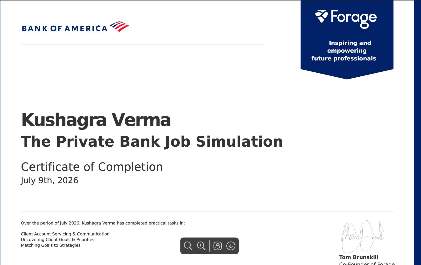 Bank of America The Private Bank Job Simulation certificate of completion for Kushagra Verma