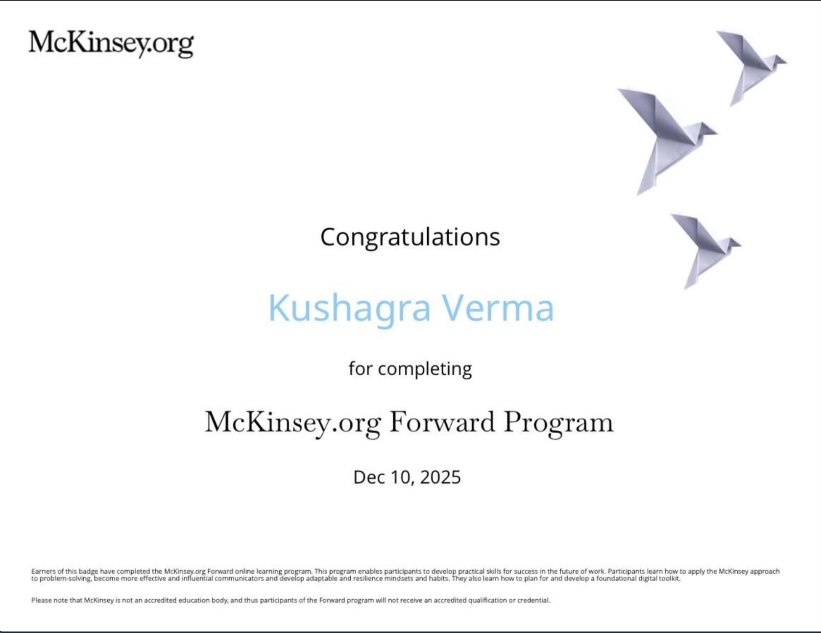 McKinsey.org Forward Program certificate for Kushagra Verma, completed 10 December 2025