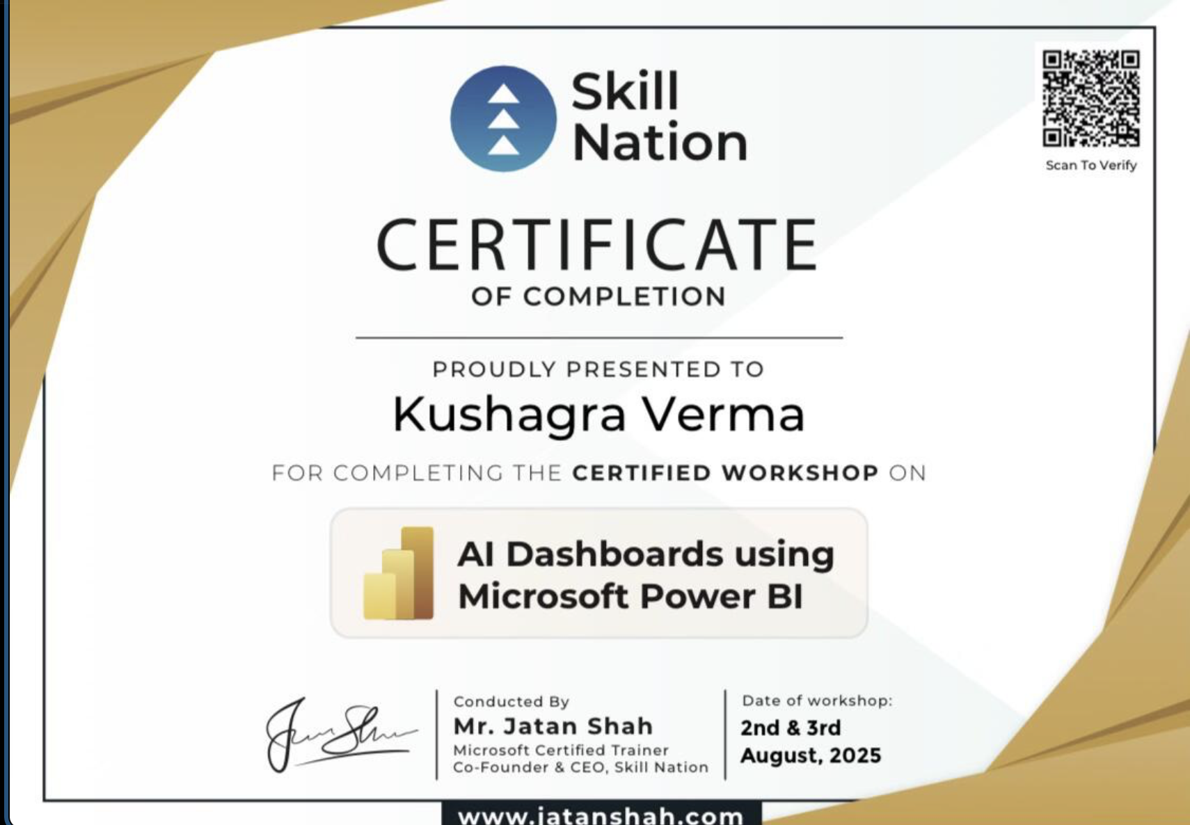 Certificate of completion for AI Dashboards using Microsoft Power BI