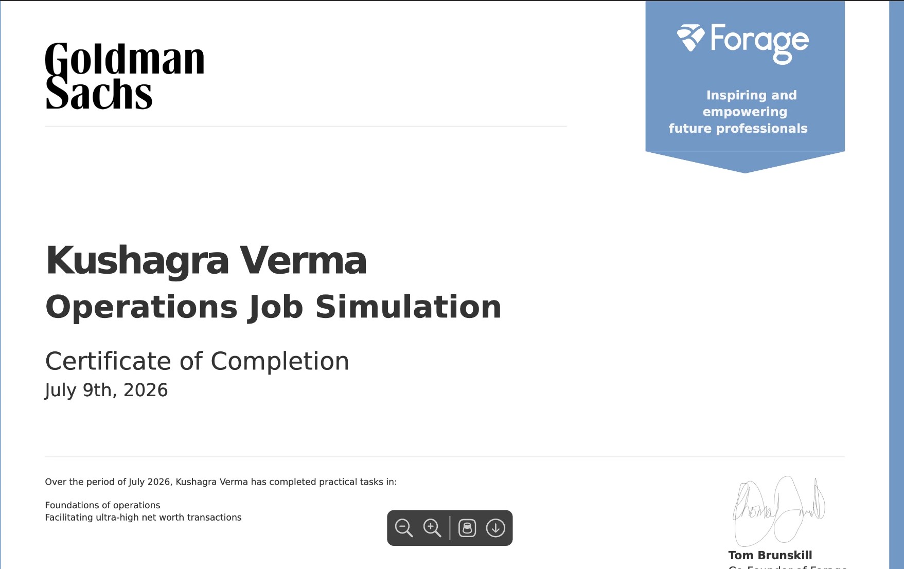 Goldman Sachs Operations Job Simulation certificate of completion for Kushagra Verma