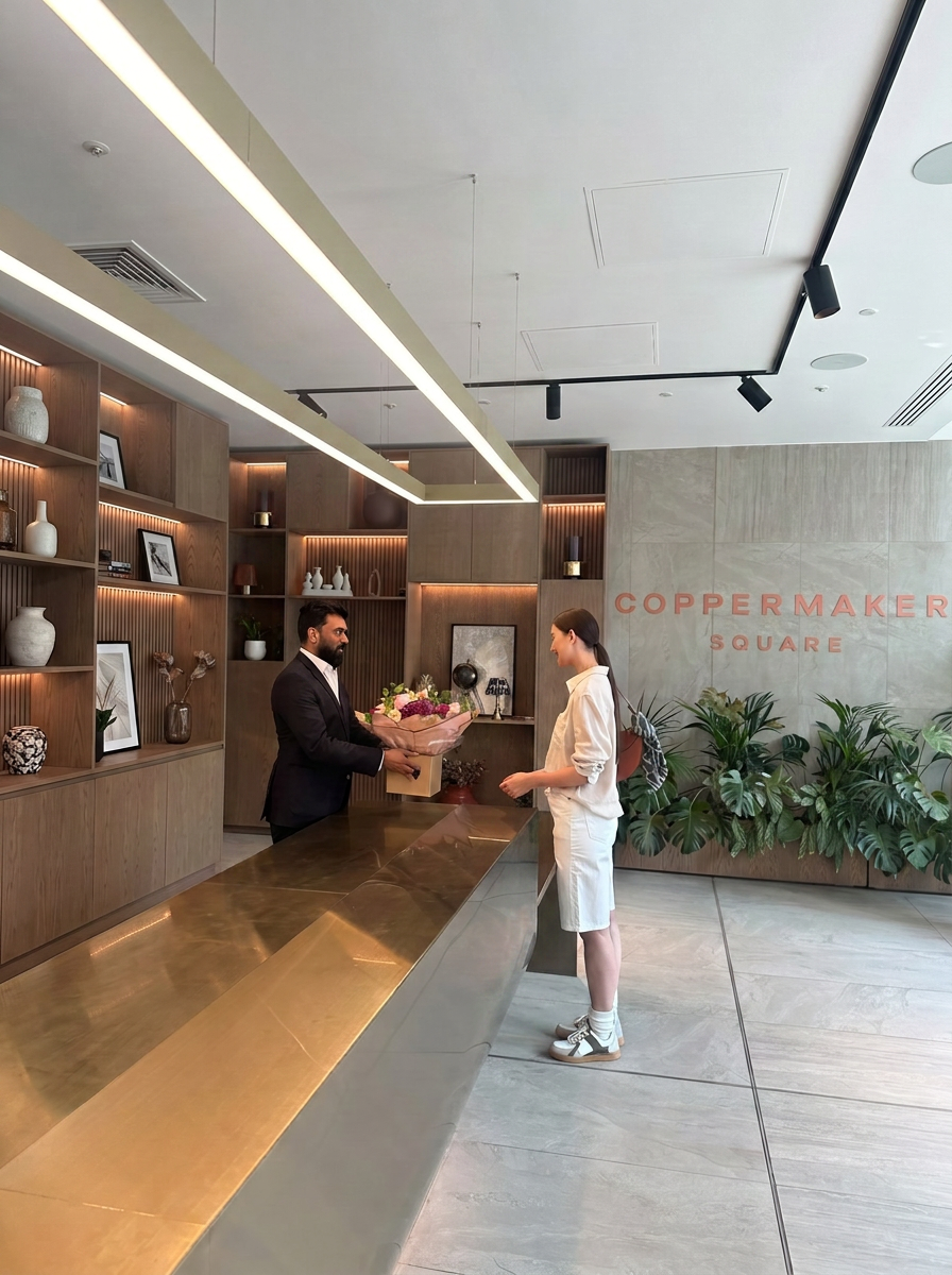 Resident being welcomed at the Coppermaker Square reception desk